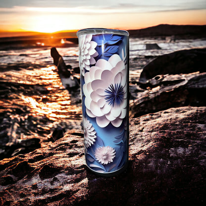 3D Blue and White Flower Tumbler