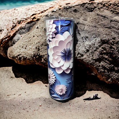 3D Blue and White Flower Tumbler