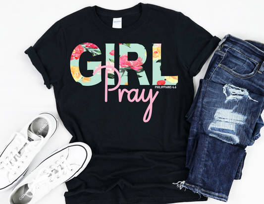 Girl Pray Floral Print  T-Shirt