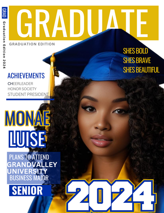 Graduation Magazine Cover with College of Choice, Degree, 3 self reflections, and HS Achievements - Digital Download