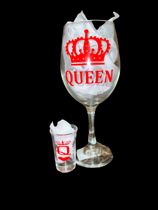 Queen Wine Glass with Matching Shot glass Gift set.