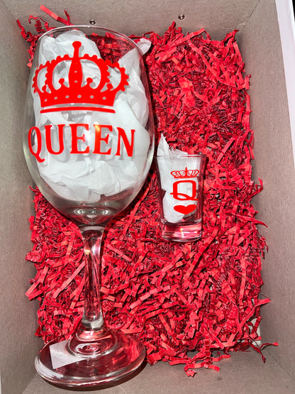 Queen Wine Glass with Matching Shot glass Gift set.